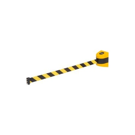 Global Industrial„¢ Magnetic Retractable Belt Barrier, Black Case W/30' Black/Yellow Belt